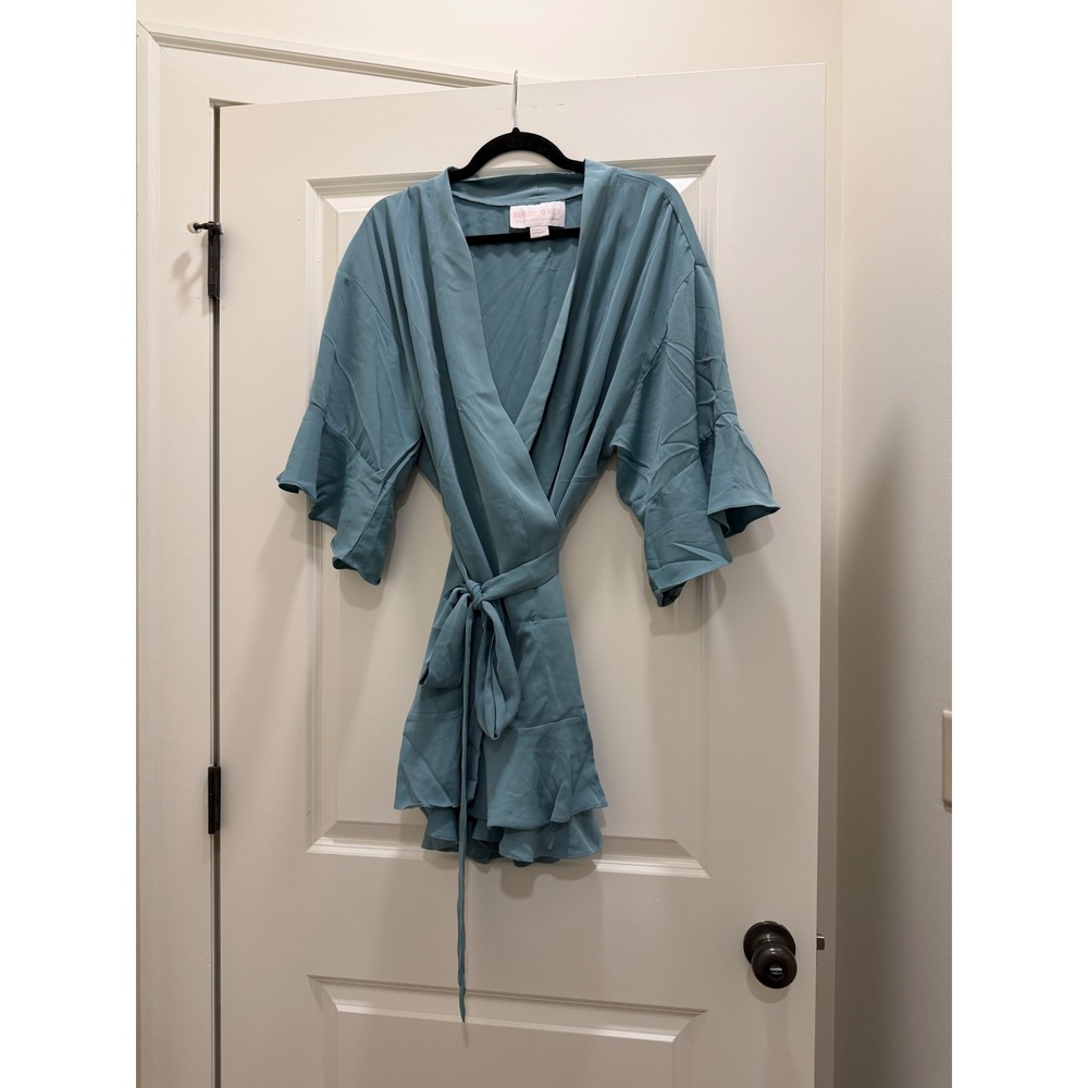 Birdy Grey Dusty Blue Satin Ruffle Robe Bridesmaid Bridal Getting Ready XS/S